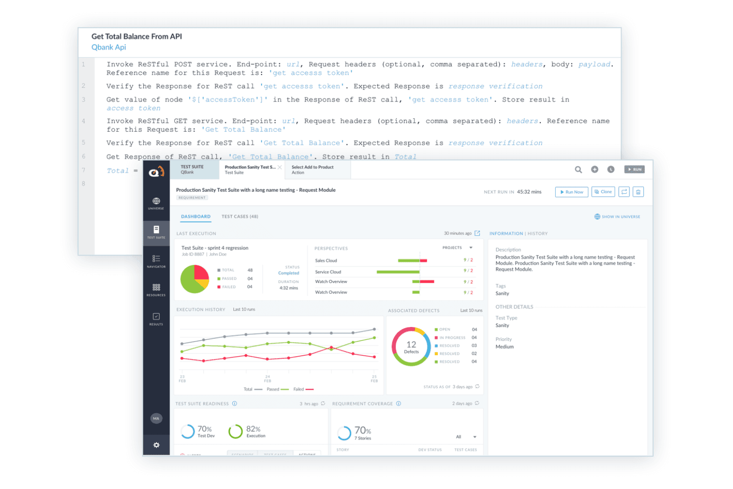 ACCELQ:n BDD-testausnäkymä, jossa näkyvät selkokieliset API-testivaiheet, suoritustulokset, virheiden seuranta, testikattavuus ja testikokonaisuuksien analytiikka.