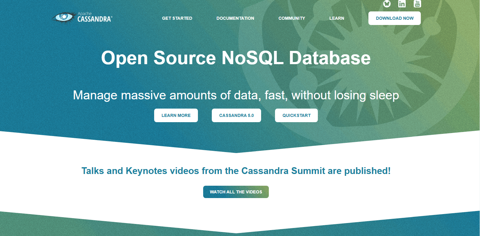 Apache Cassandra is a distributed NoSQL DB for massive, always-on, scalable data.