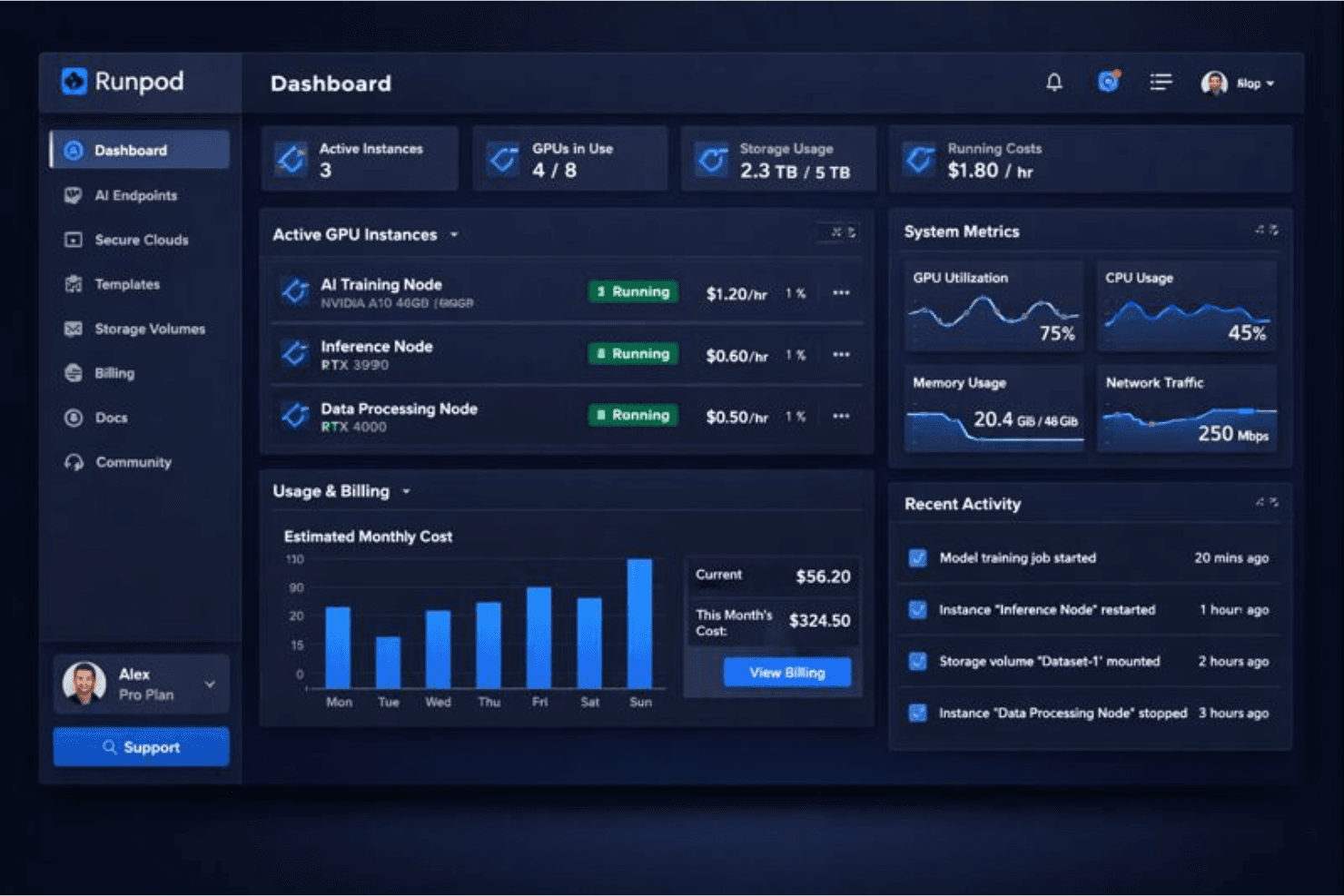 Runpod offers scalable cloud GPU compute and storage for AI workloads.