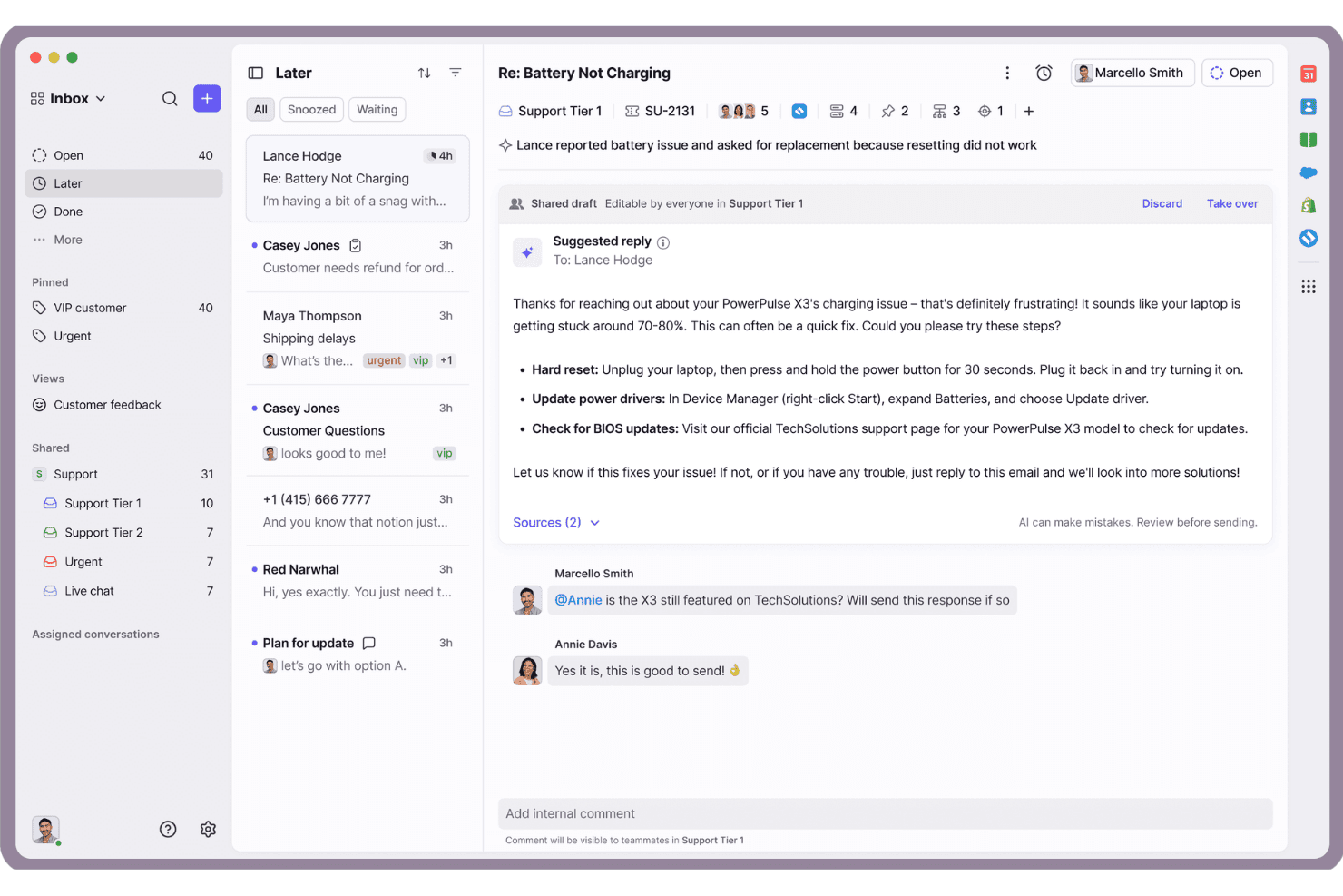 Front-inbox met een gedeeld e-mailconcept, een door AI voorgesteld antwoord en teamopmerkingen.