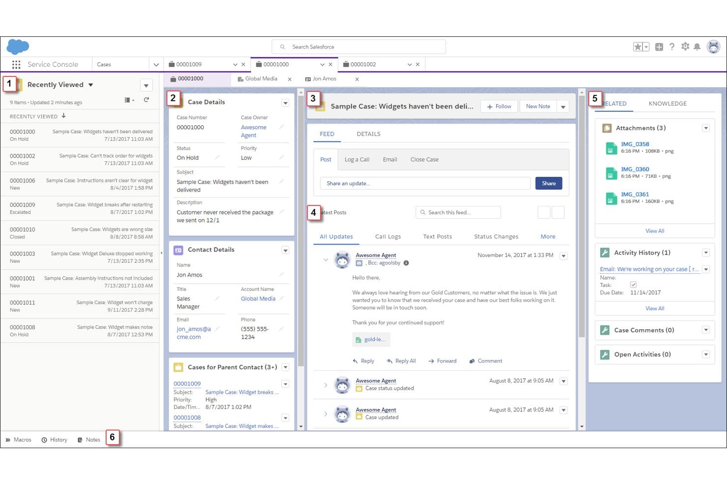 Salesforce Service Cloud-console met casedetails, feed en gerelateerd deelvenster.