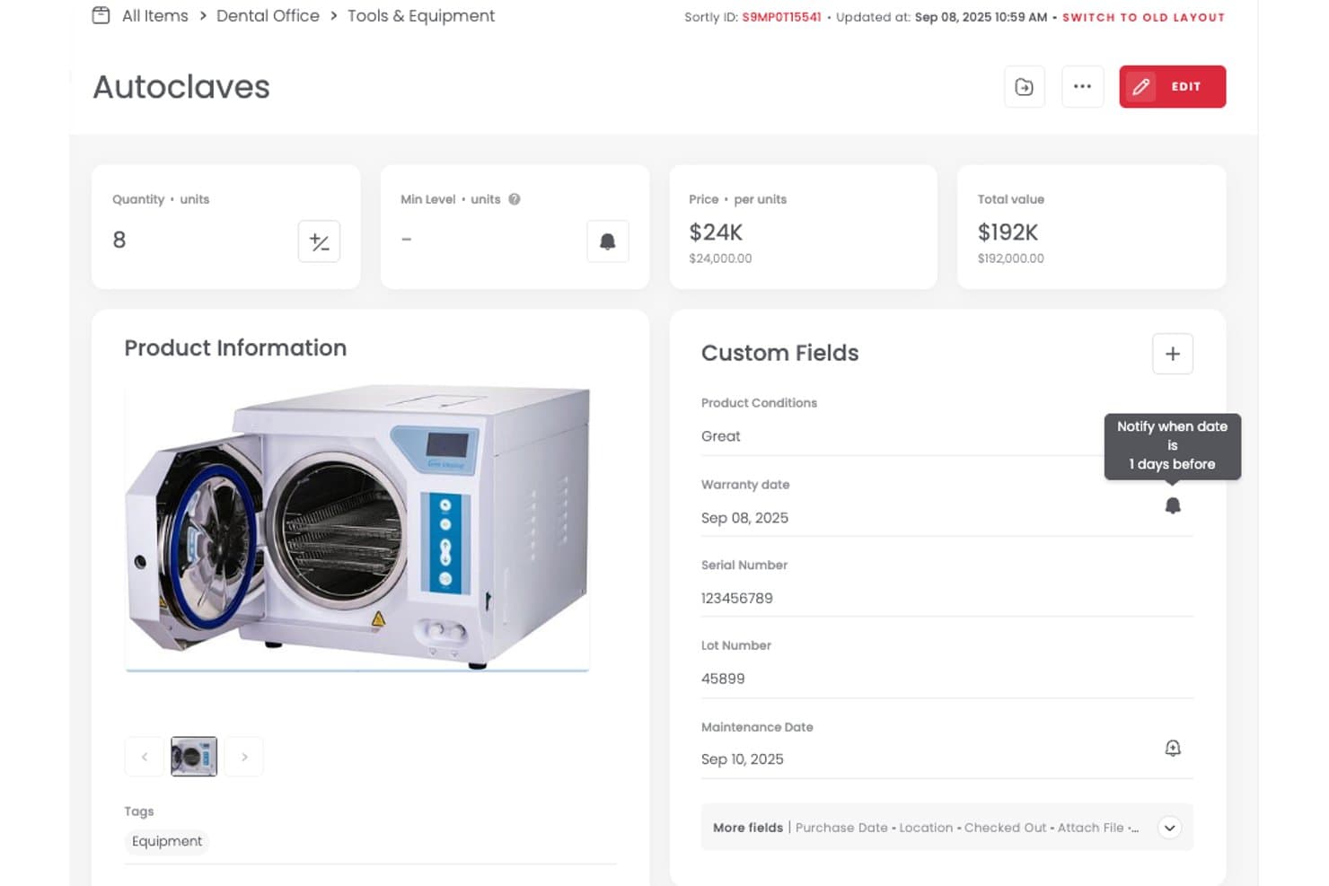 Pagina dei dettagli dell'asset in Sortly che mostra l'avviso per la data di manutenzione e i campi personalizzati.