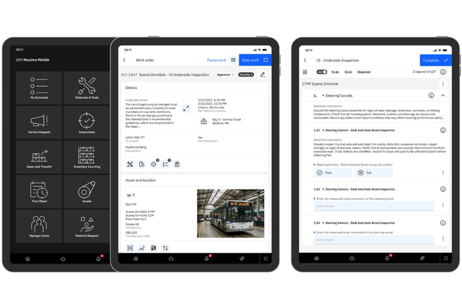 App IBM Maximo Mobile che mostra i dettagli di un ordine di lavoro e una checklist di ispezione su tablet.