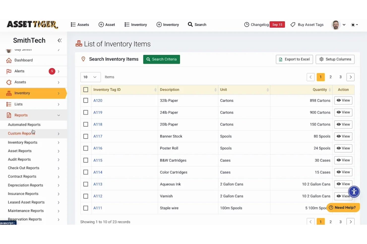 Elenco dell'inventario di AssetTiger che mostra elementi con ID dei contrassegni, descrizioni, unità e quantità.