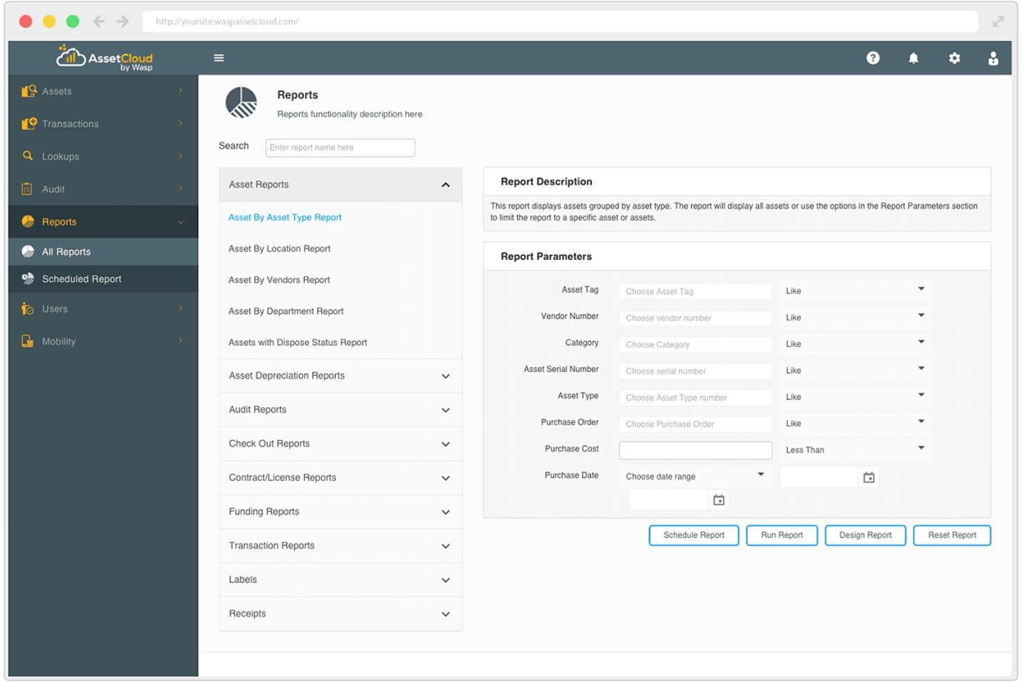 Schermata Report di AssetCloud che mostra i parametri del report sugli asset e le opzioni di filtro.