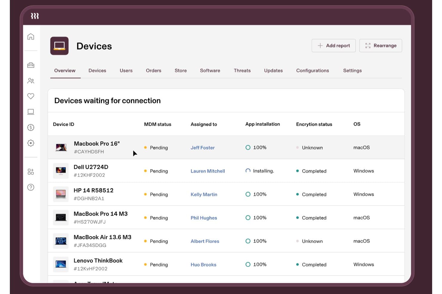 Rippling IT-betjeningspanel, der viser enheder, som venter på forbindelse, med MDM-status og oplysninger om operativsystemet.
