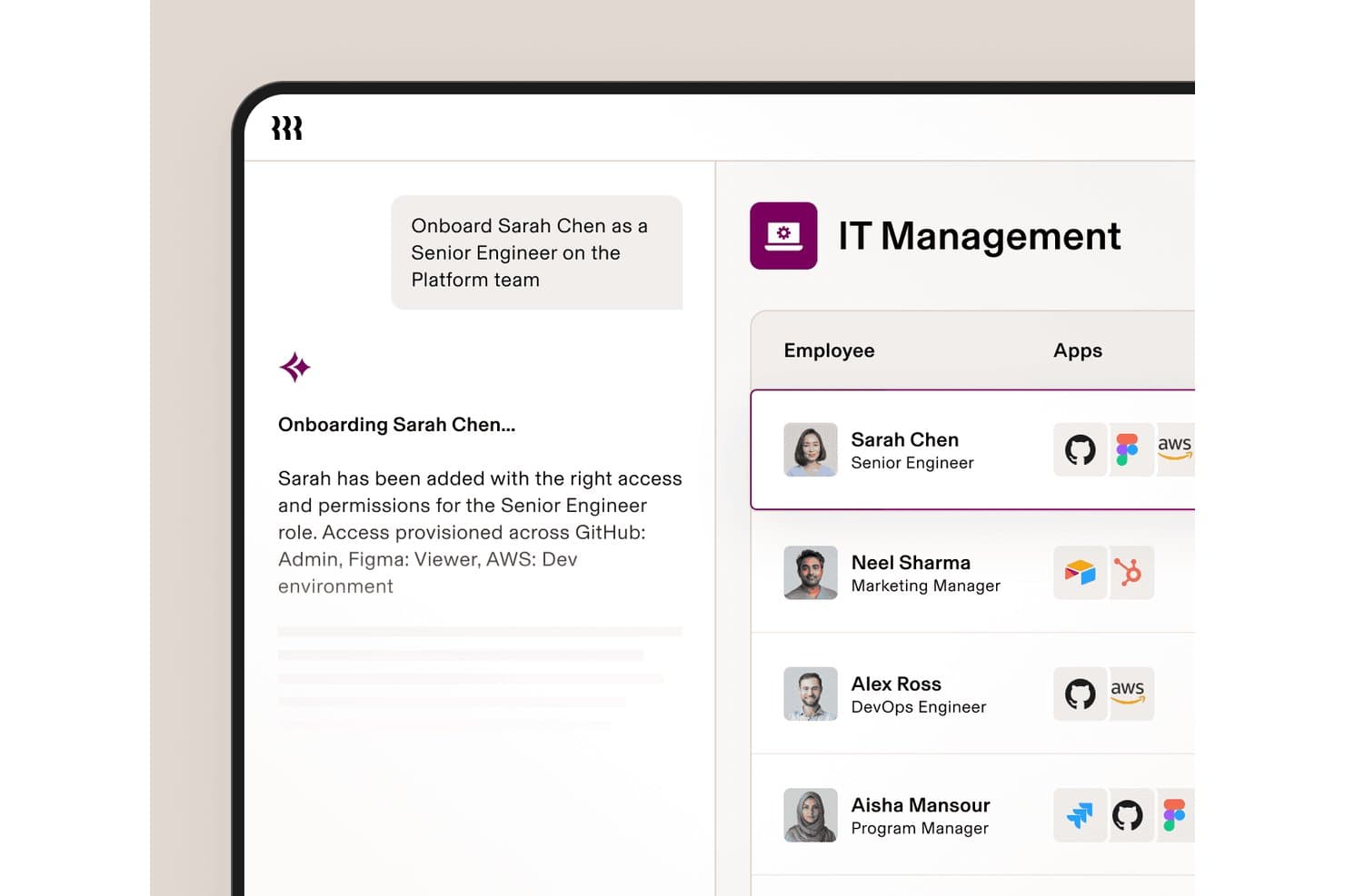 Rippling IT-dashboard, der viser AI-assisteret medarbejderintroduktion med appadgang for medarbejdere.