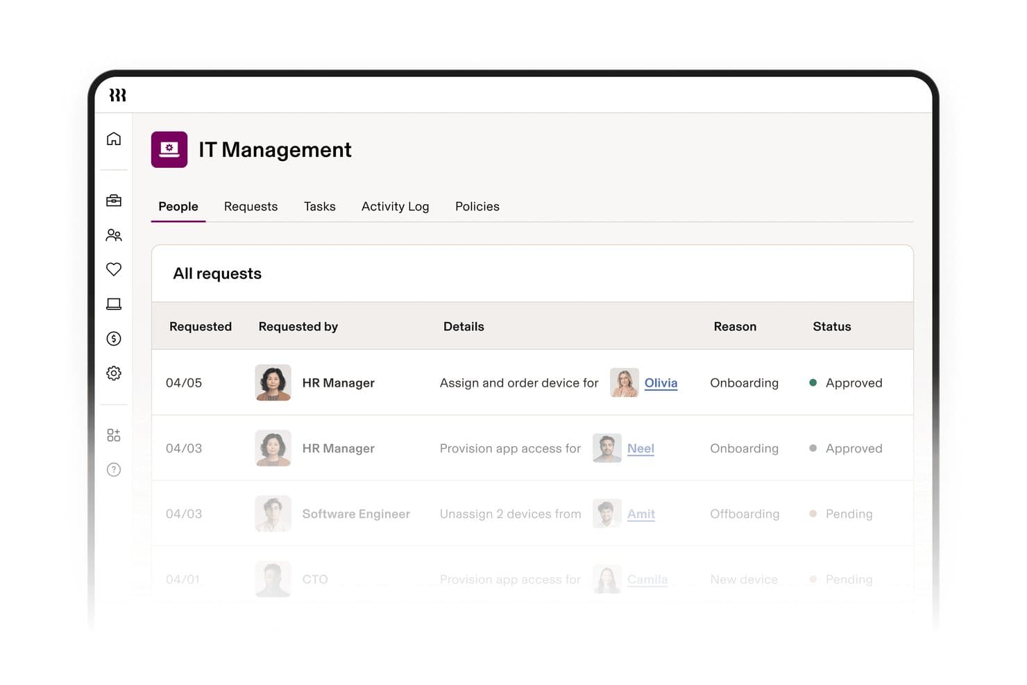 Rippling IT Management dashboard showing all requests with status indicators.