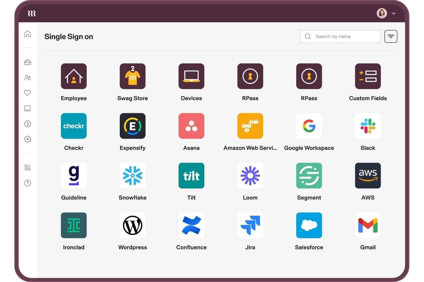 Rippling IT's SSO-dashboard, der viser 24 ikoner for appintegrationer, herunder Slack, AWS og Jira.