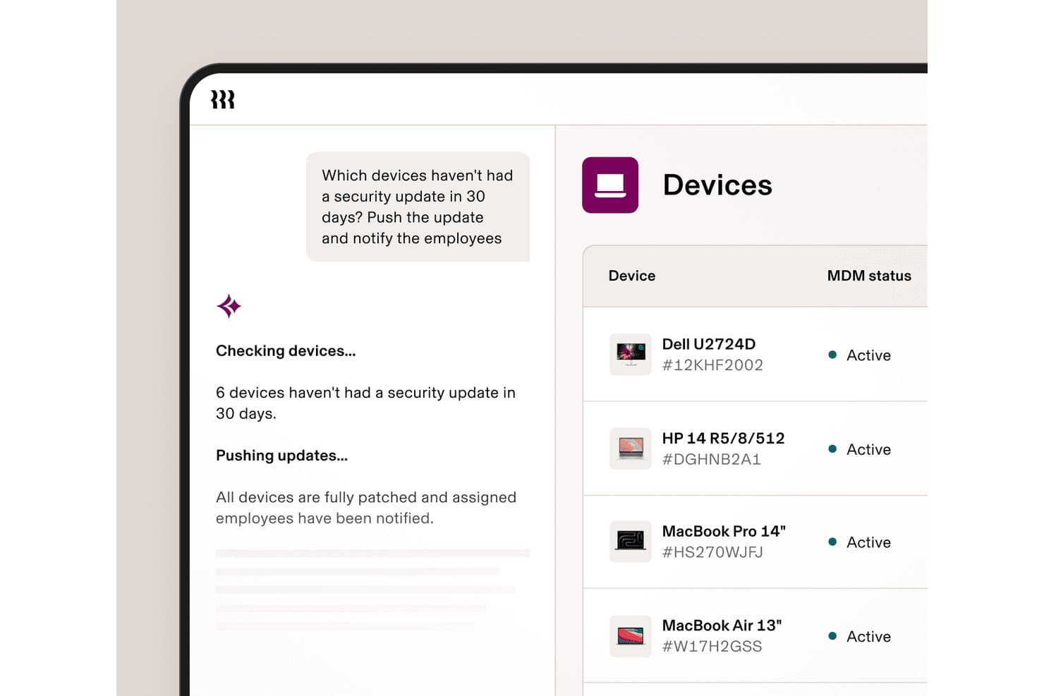 Rippling IT AI-chat, der sender sikkerhedsopdateringer til seks forældede enheder via MDM.