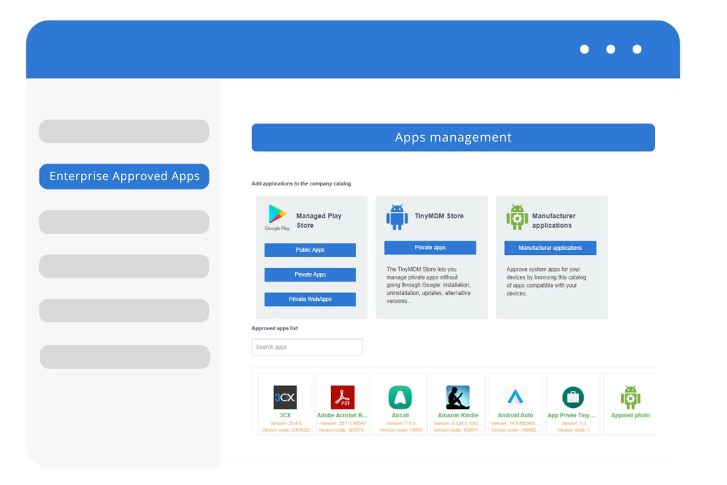 TinyMDM apps management dashboard showing approved apps list and store options.