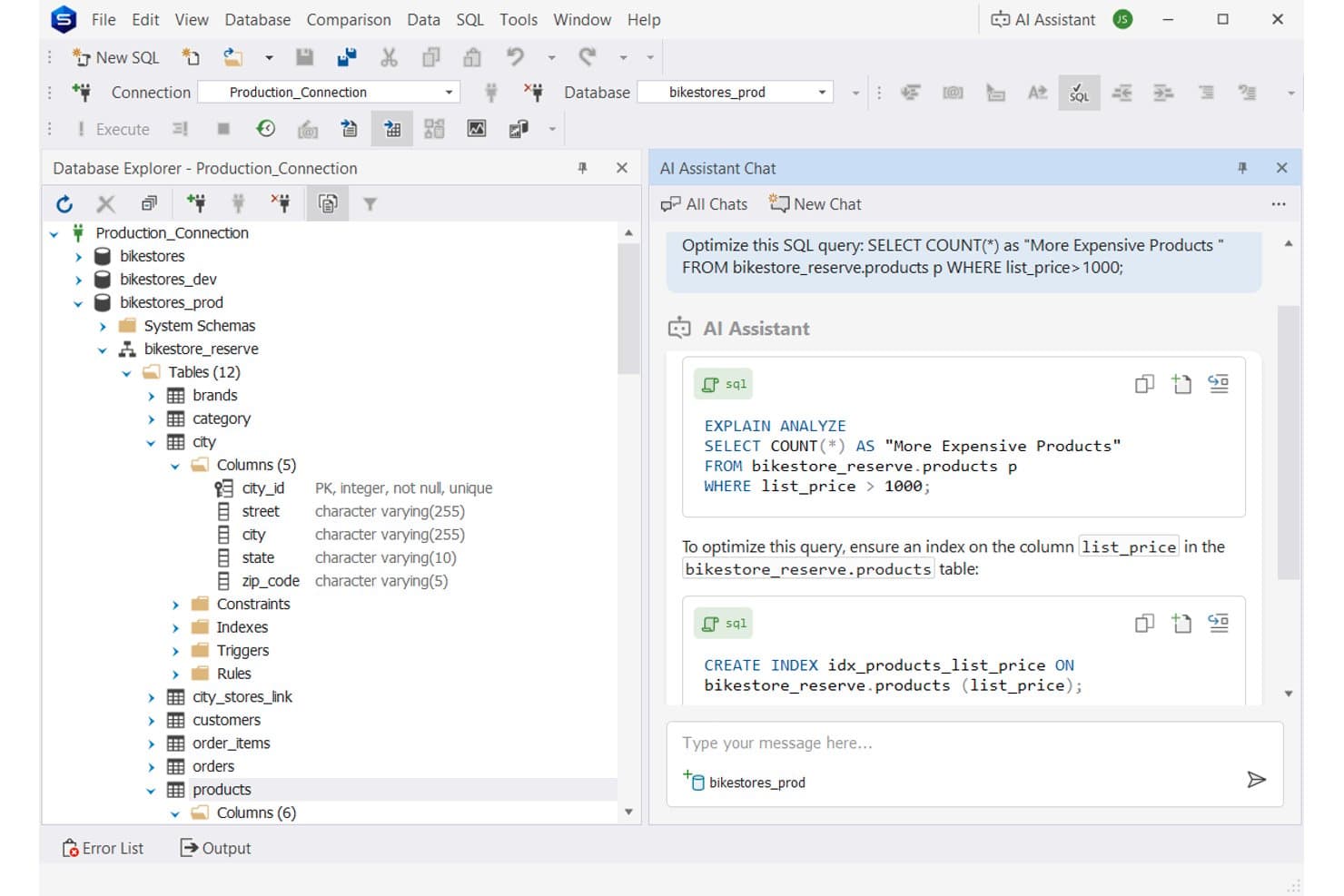 dbForge Studio for PostgreSQL:n tekoälyavustaja ehdottaa indeksin luomista SQL-kyselyn optimoimiseksi.