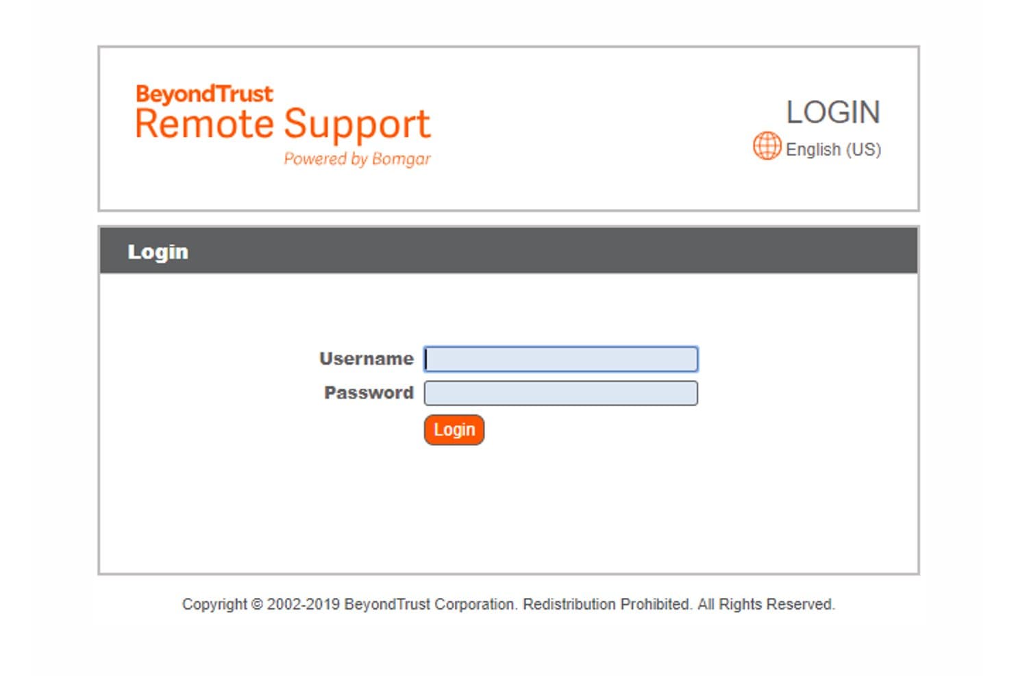 Anmeldeseite von BeyondTrust Remote Support mit Feldern für Benutzername und Passwort.