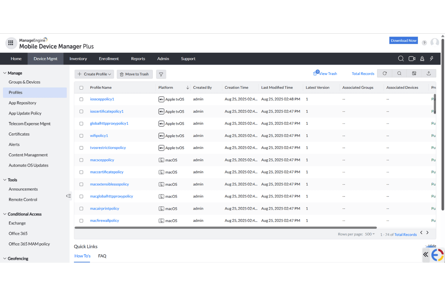 ManageEngine MDM Plus Profiles page listing Apple tvOS and macOS configuration policies.