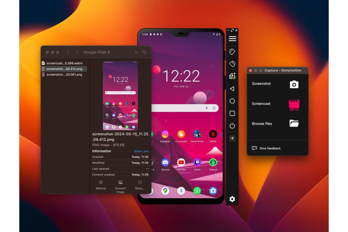 Genymotion-emulaattori, jossa Android-näyttö ja kuvakaappausten sekä kuvatallenteiden kaappauspaneeli näkyvät Macilla.