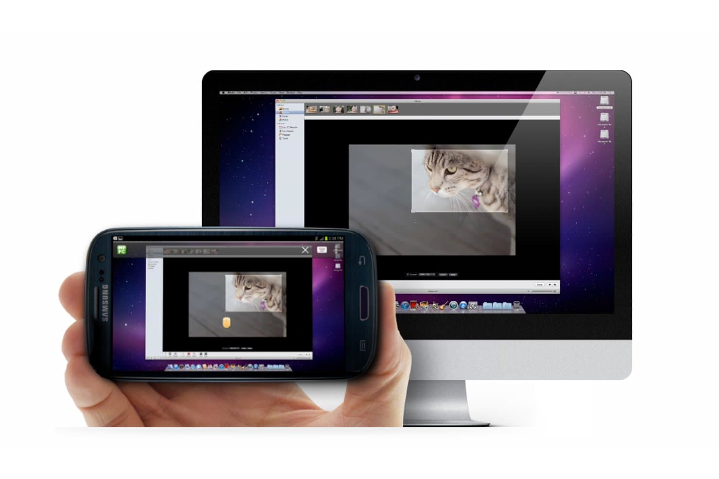 Hand hält ein Samsung-Smartphone, das einen Mac-Desktop mit geöffnetem Katzenfoto spiegelt.