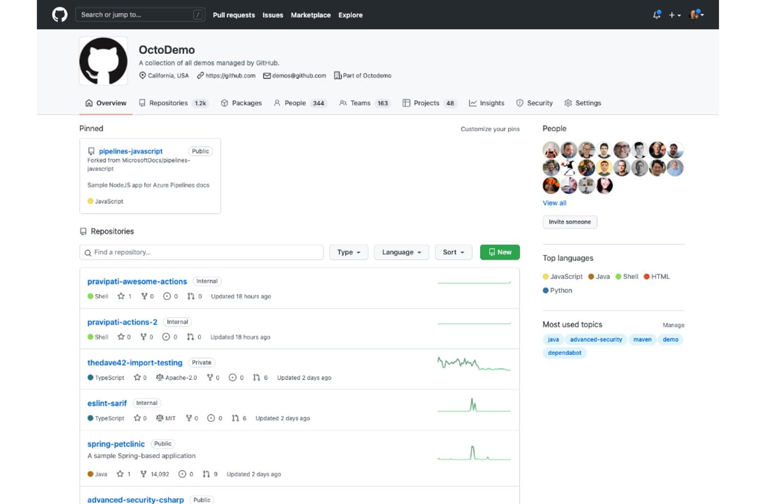 GitHubin OctoDemo-organisaation sivu, jolla näkyvät repositoriot, henkilöt ja tärkeimmät ohjelmointikielet.