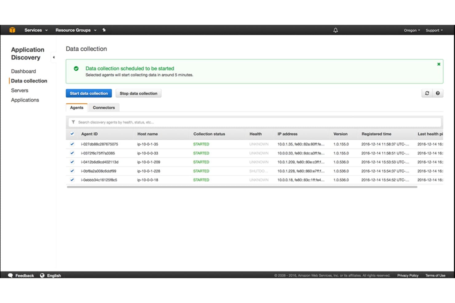 AWS Data Collection dashboard showing agents with collection status and host details.