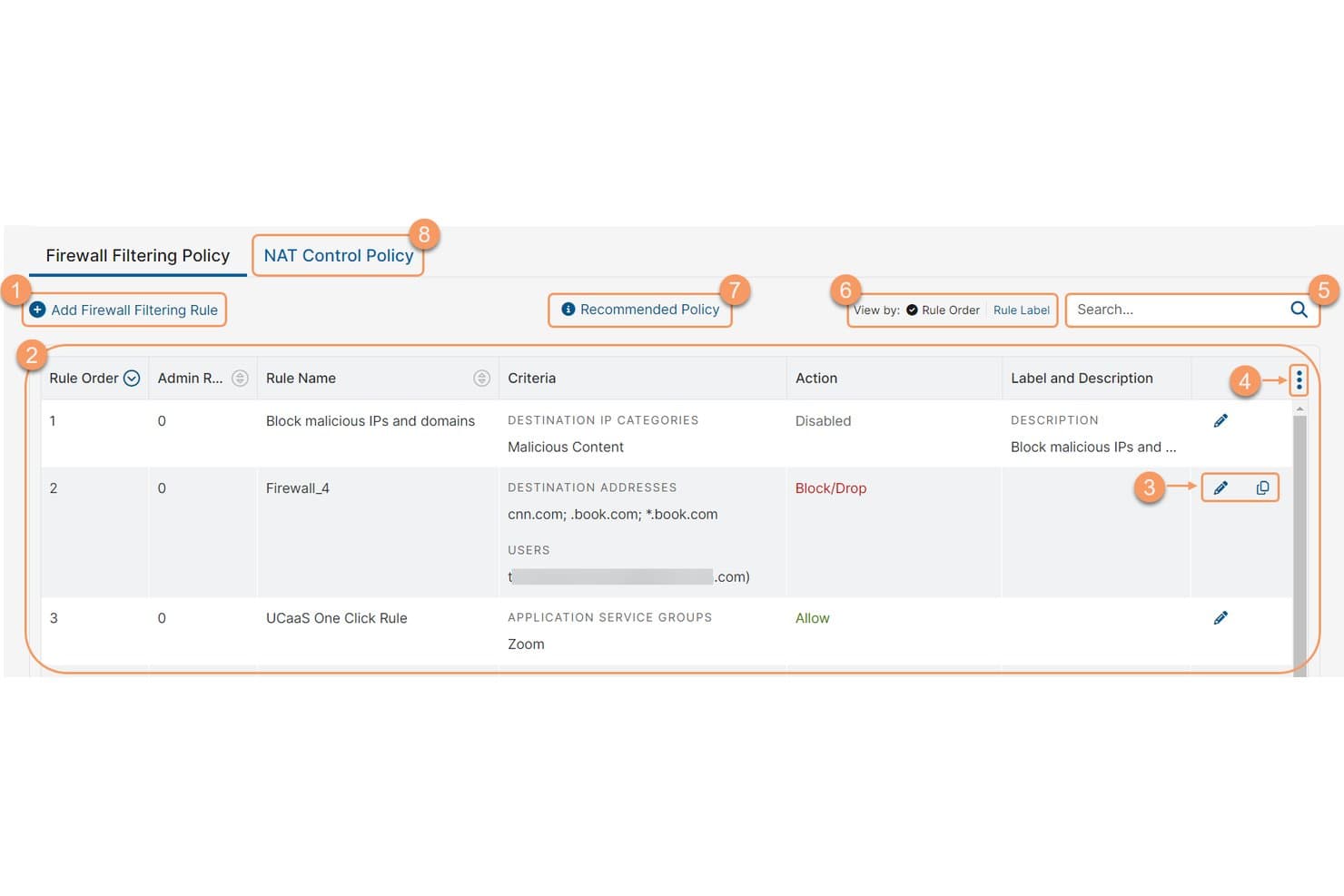 Zscaler Internet Accessin palomuurin suodatuskäytäntötaulukko, joka sisältää säännöt, ehdot ja toiminnot.