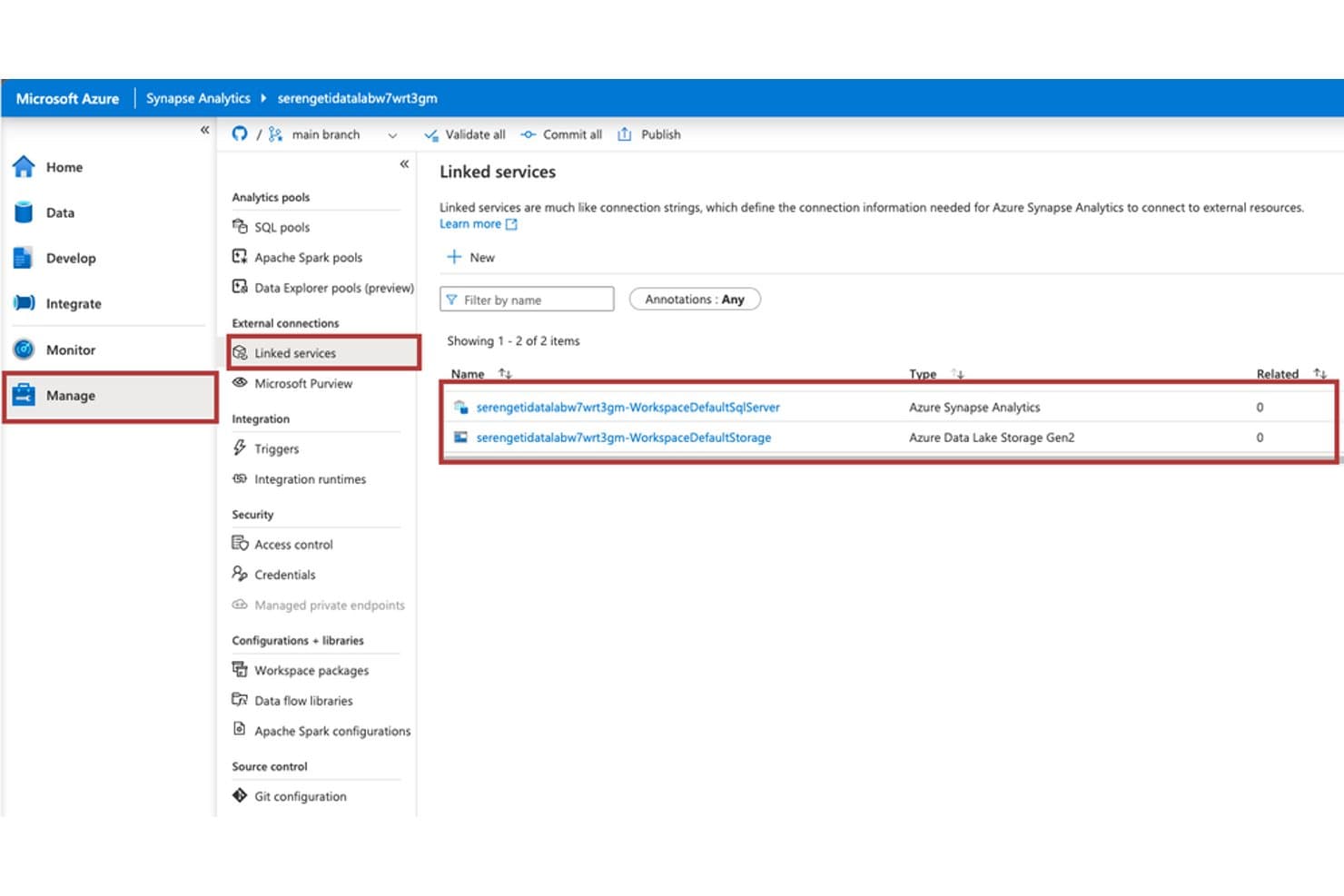 Azure Synapse Analyticsin linkitettyjen palveluiden paneeli, jossa näkyy kaksi oletusyhteyttä.