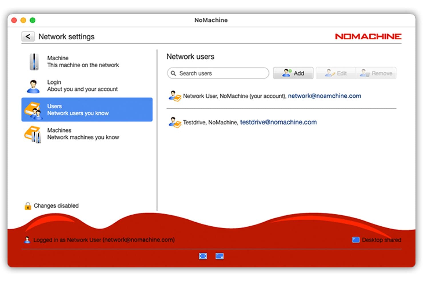 NoMachine-Bereich für Netzwerkeinstellungen mit einer Liste von Netzwerkbenutzern und E-Mail-Adressen.
