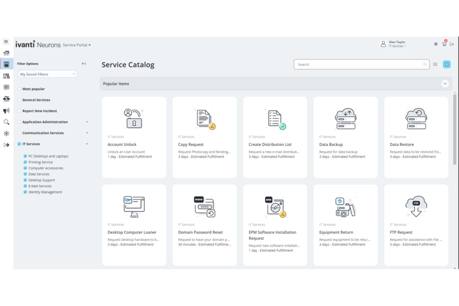 Ivanti Neurons Service Portal showing a Service Catalog with popular IT service items.