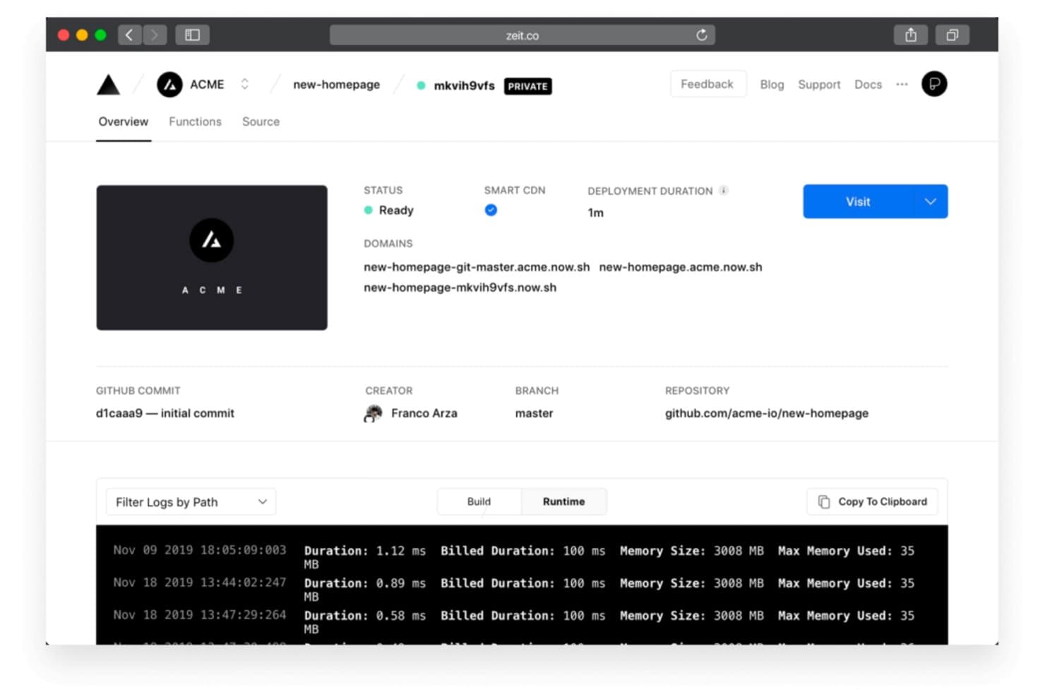 Vercelin julkaisujen hallintapaneeli, jossa näkyvät tila, verkkotunnukset, lokit ja GitHub-commitin tiedot.