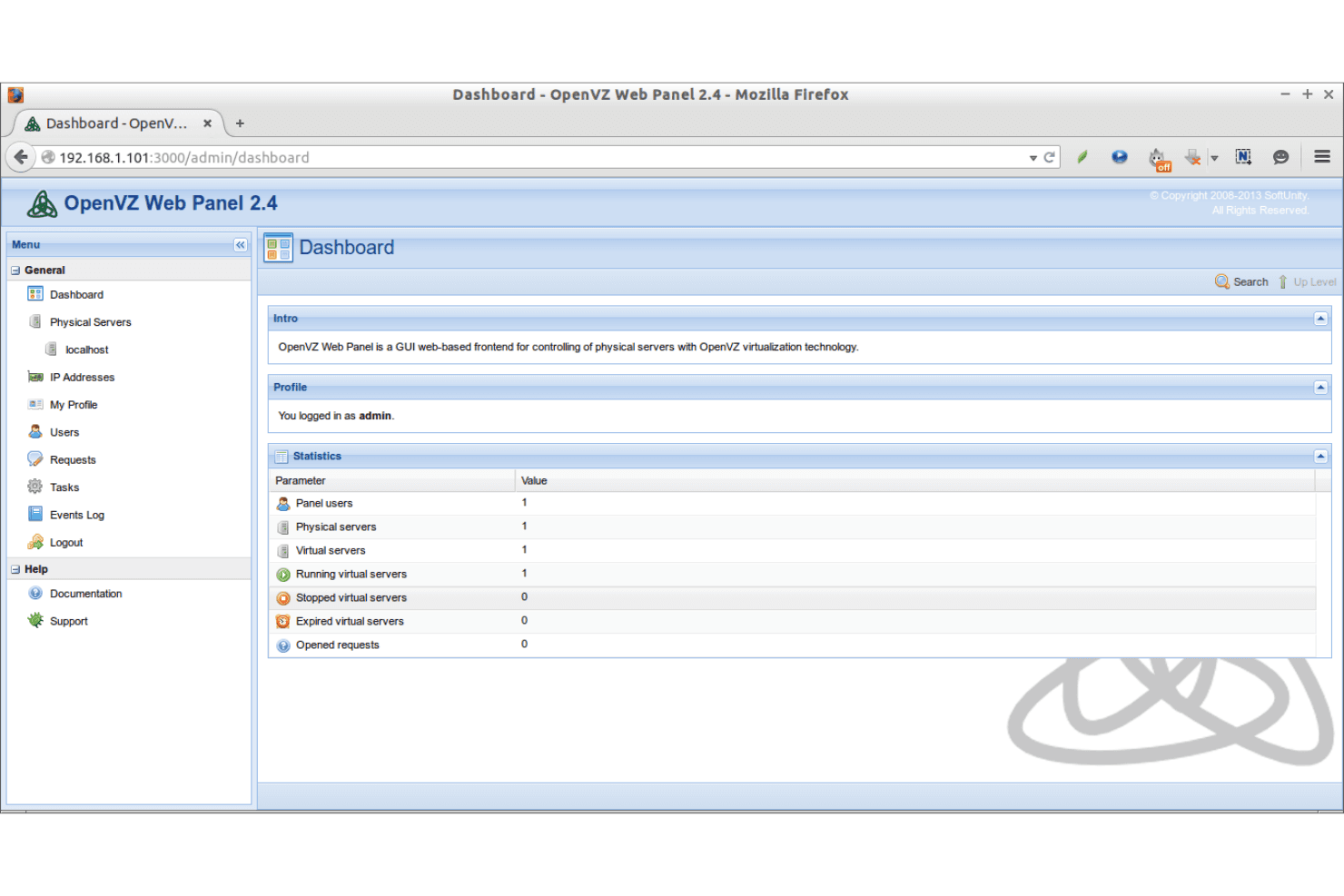 OpenVZ-webbpanelens 2.4-instrumentpanel som visar serverstatistik och navigeringsmeny.