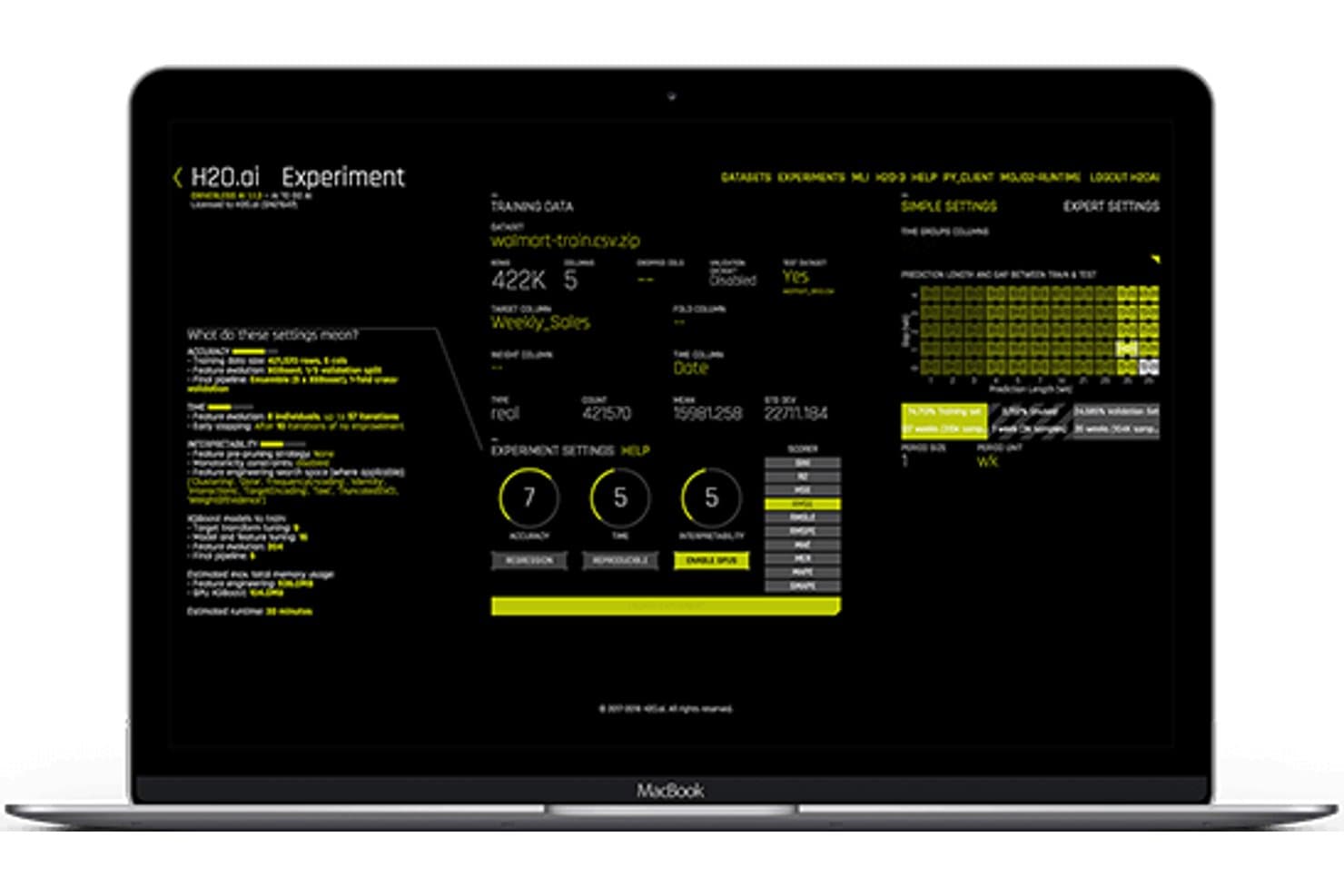 H2O.ai:n kokeilukoontinäyttö MacBookissa, jossa näkyvät AutoML-asetukset ja harjoitusdata.