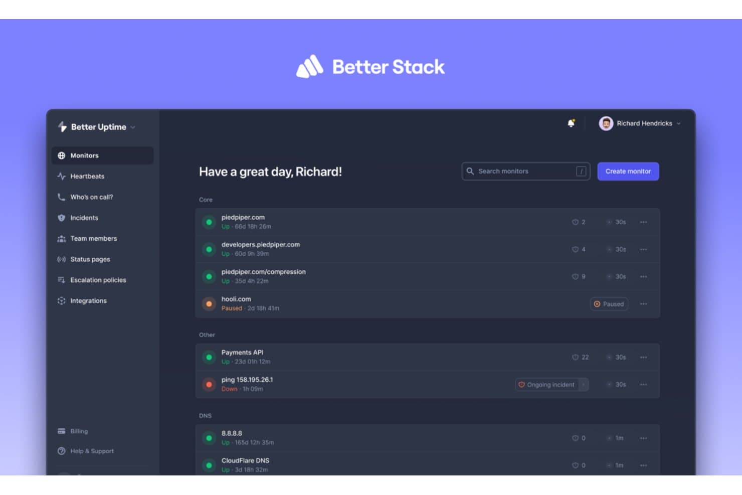 Better Stack dashboard showing uptime monitors with status indicators and incident alerts.