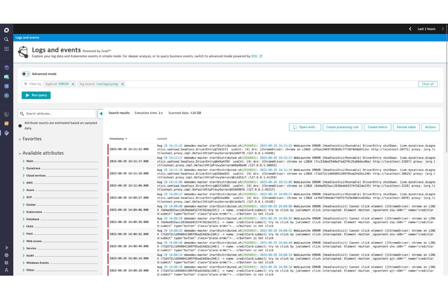 Dynatrace Logs and events screen showing ERROR-filtered syslog entries in advanced mode.