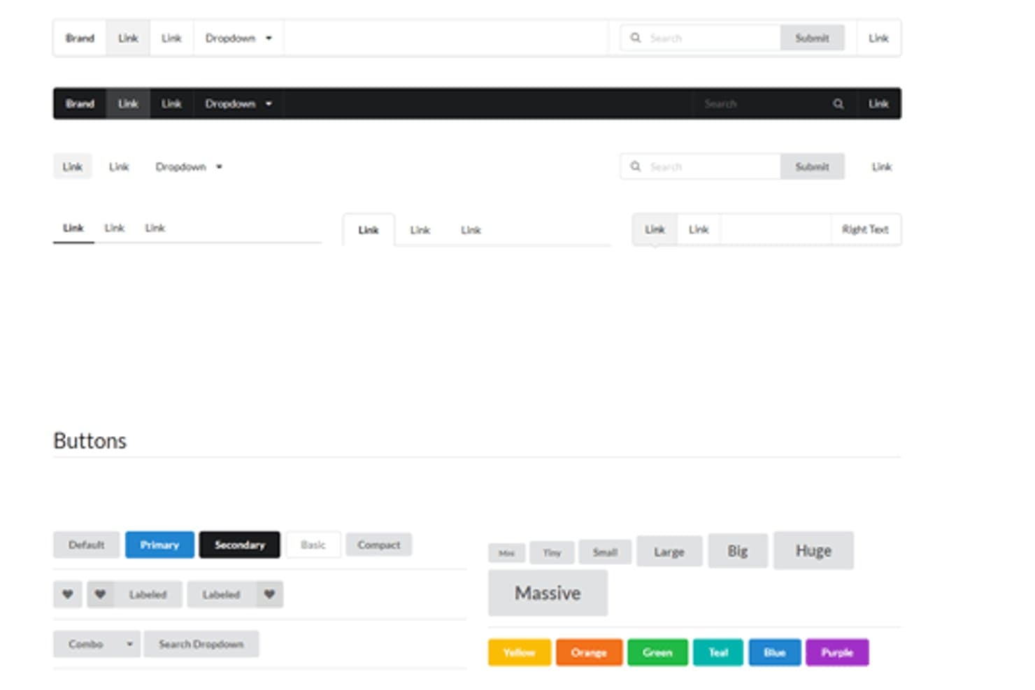 Semantic UI -kuvakaappaus, jossa näkyvät navigointipalkin vaihtoehdot ja tyylitellyt painikekomponentit.