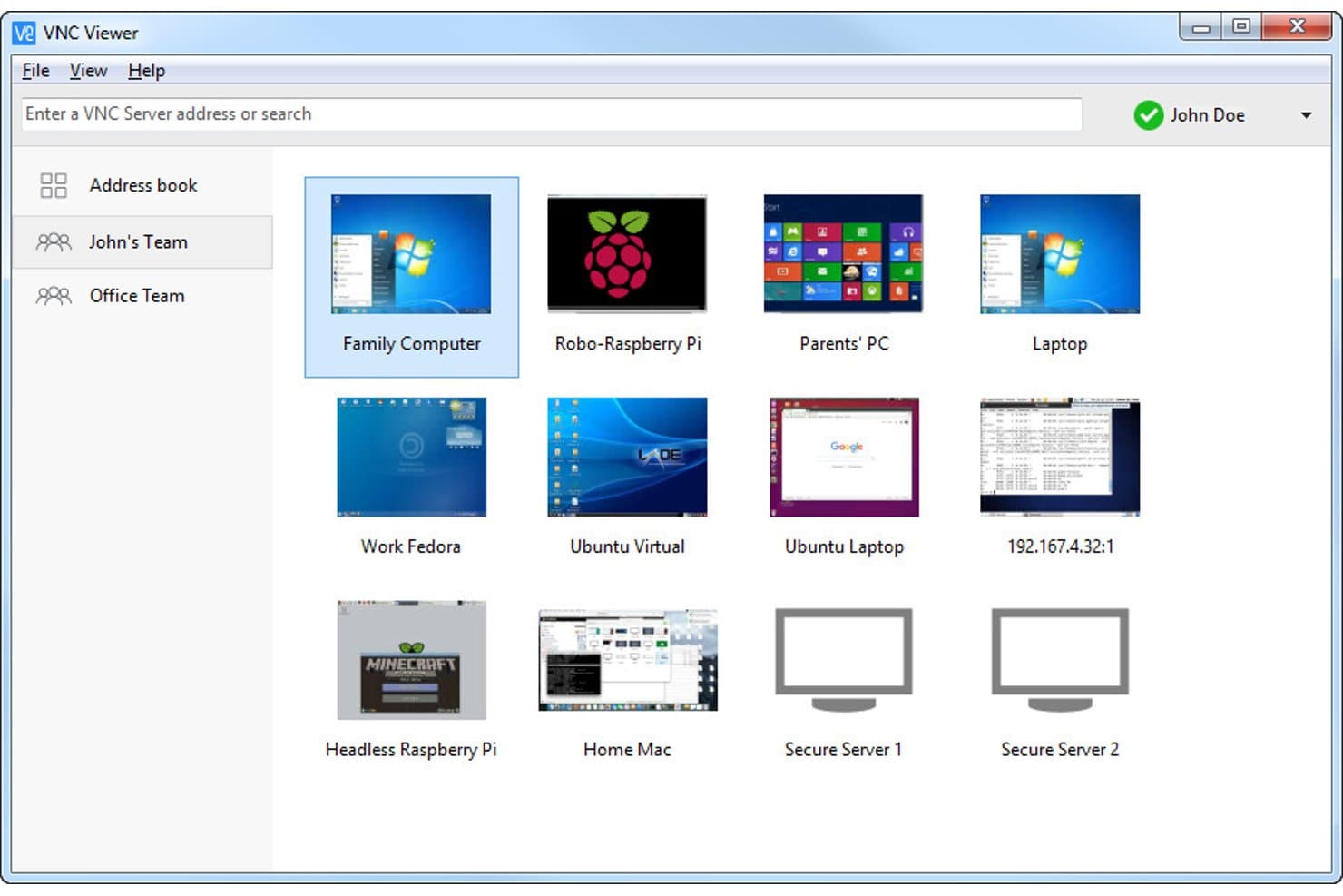 VNC-Viewer-Fenster mit zwölf gespeicherten Verbindungen zu entfernten Computern in einem Rasterlayout.