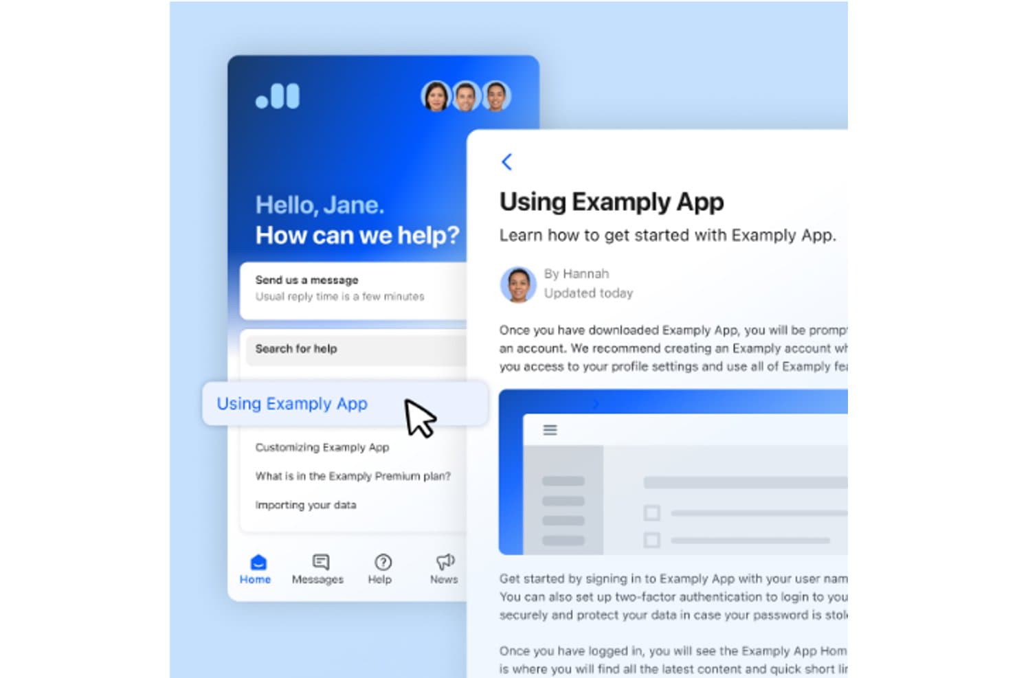 Intercom-sovellus, jossa näkyvät ohjekeskuksen artikkeli ja asiakastuen chat-käyttöliittymä.