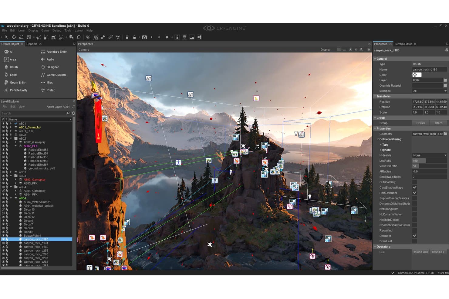 CryEngine Sandbox-editor met een 3D-canyonlandschap, scènehiërarchie en eigenschappenpaneel.