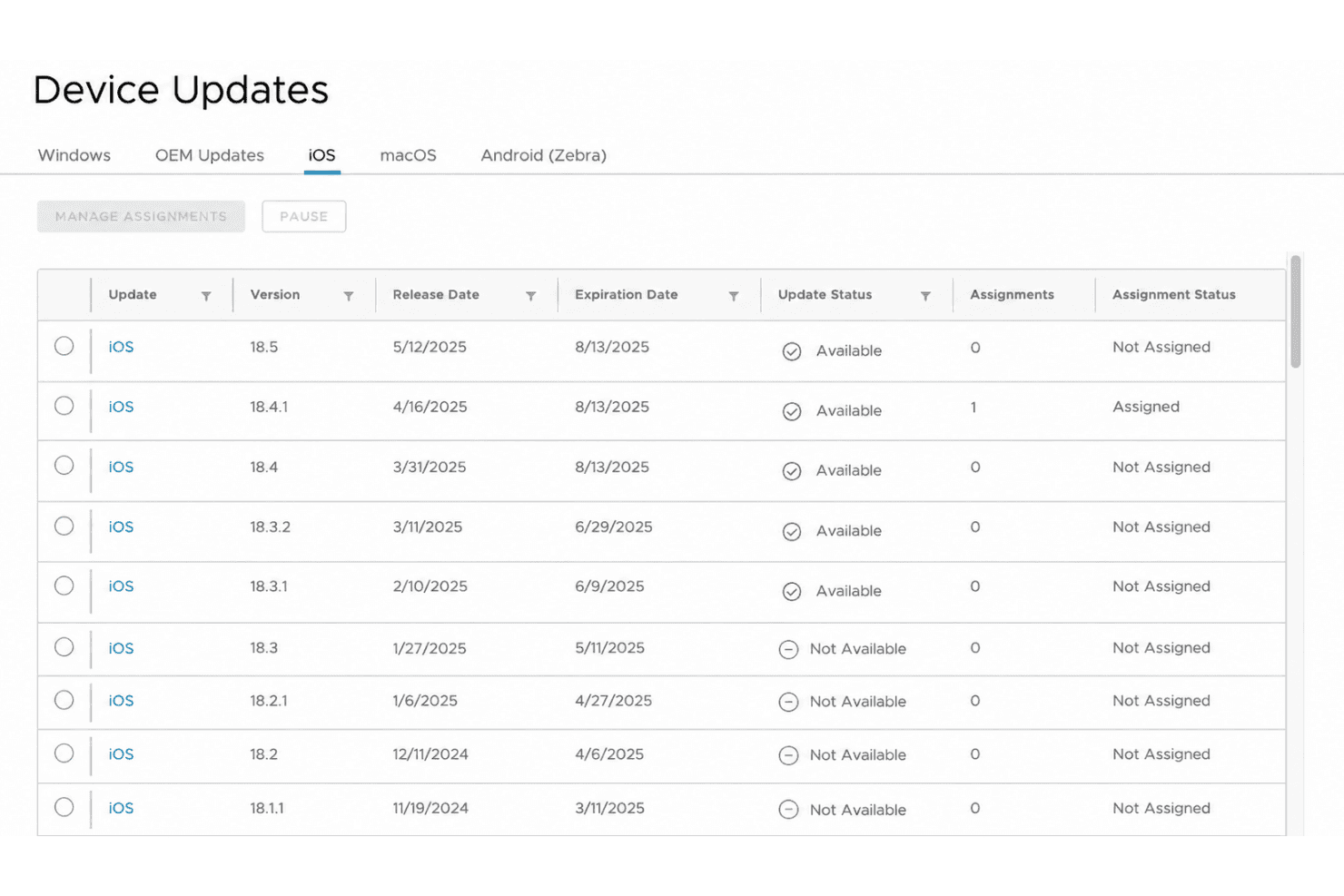 Device Updates dashboard showing iOS version list with release dates and assignment status.