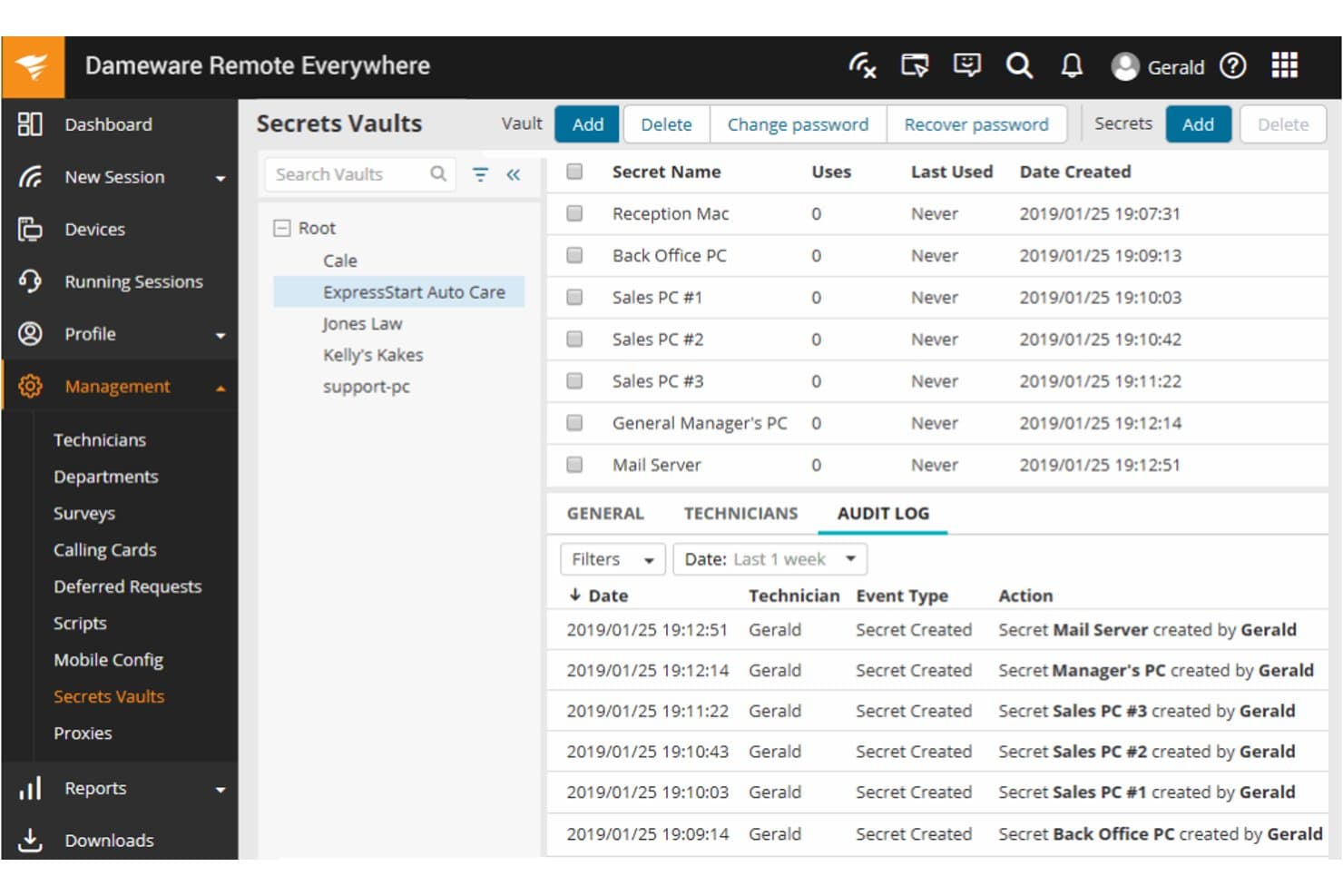 Bereich „Tresore für Geheimnisse“ von Dameware Remote Everywhere mit gespeicherten Geräteanmeldedaten und Prüfprotokoll.