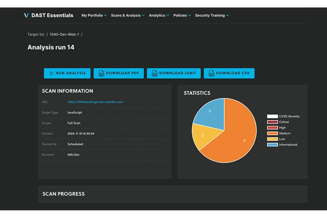 Veracode offers a DAST Essentials dashboard displaying scan analysis results with vulnerability statistics categorized by CVSS severity levels including medium, low, and informational findings.