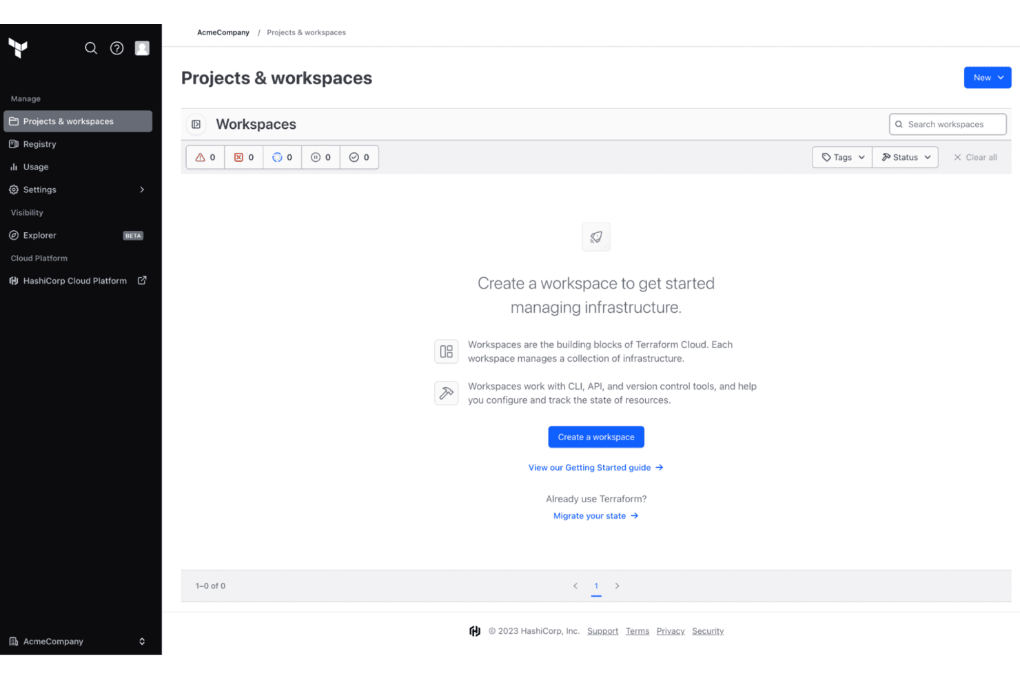 Terraform Cloud Projects and workspaces page with empty workspace list and setup prompt