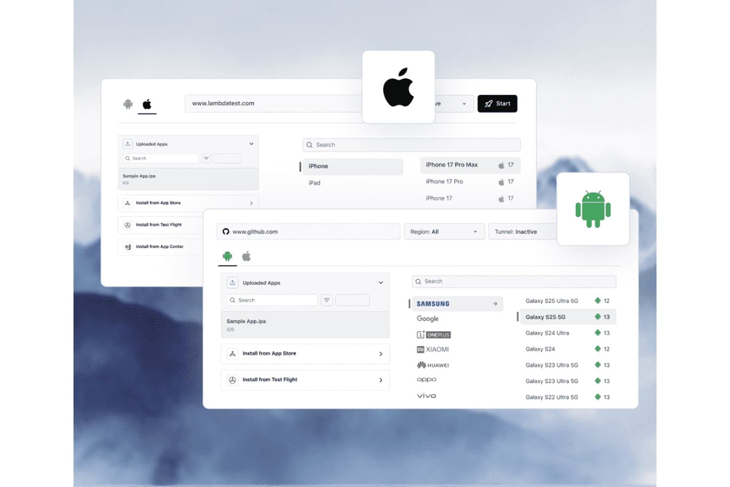 Interfaz de TestMu AI que muestra paneles de selección de dispositivos iOS y Android con opciones para cargar aplicaciones.