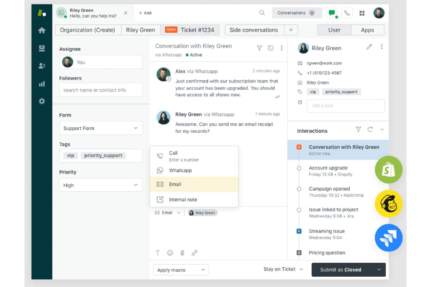 Zendesk Support Suiten käyttöliittymä, jossa näkyvät WhatsApp-keskustelu, palvelupyynnön tiedot ja asiakkaan vuorovaikutushistoria.