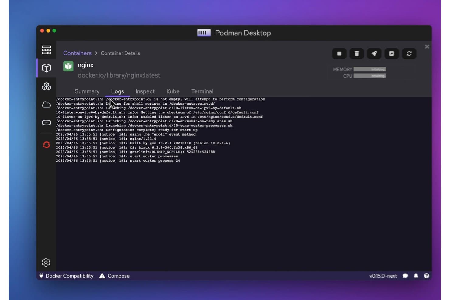Podman Desktop visar fliken med nginx-containerns loggar och meddelanden från uppstarten.