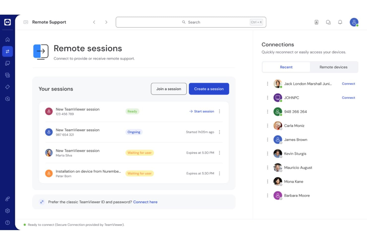 Dashboard für TeamViewer-Remotesitzungen mit aktiven, laufenden und wartenden Sitzungen sowie einer Verbindungsliste.