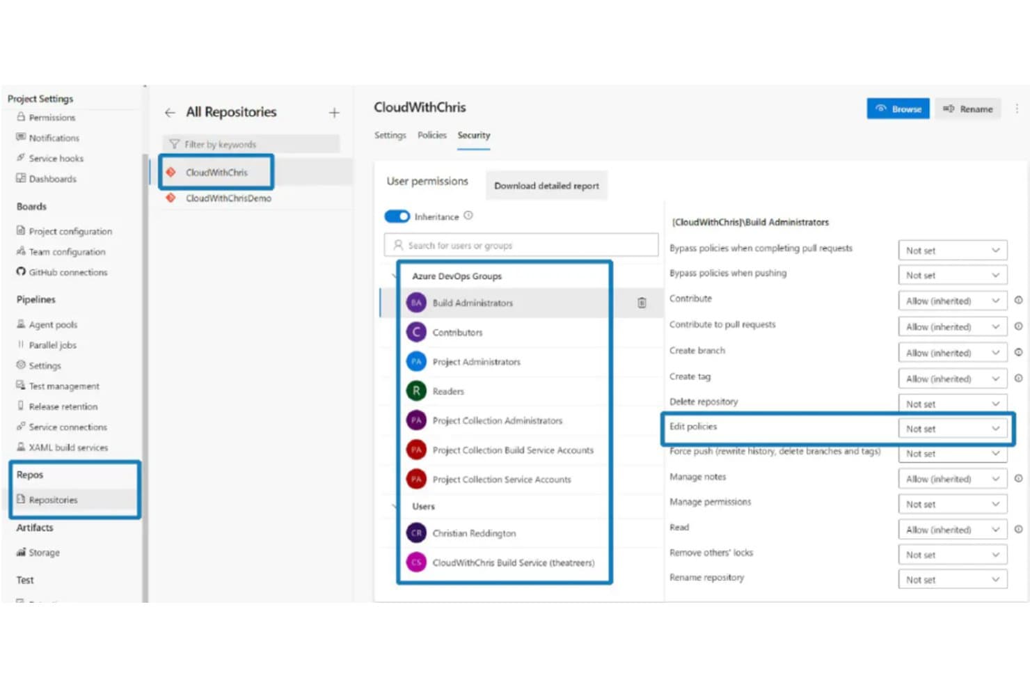 Azure DevOpsin tietovaraston suojausasetukset, joissa näkyy ryhmän käyttöoikeuspaneeli.