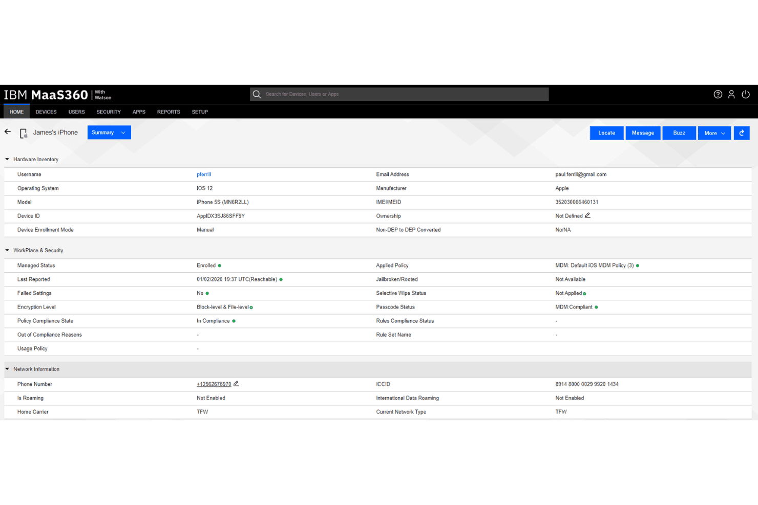 IBM MaaS360 dashboard showing iPhone device summary with security and network details.