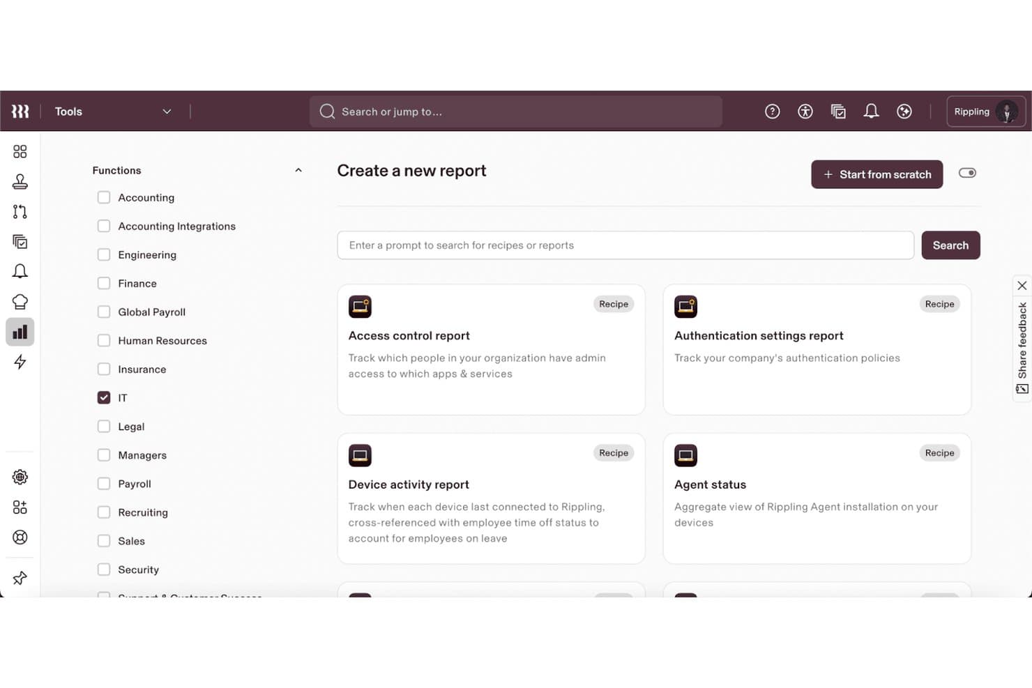 Rippling IT report creation screen with recipe templates and function filters.