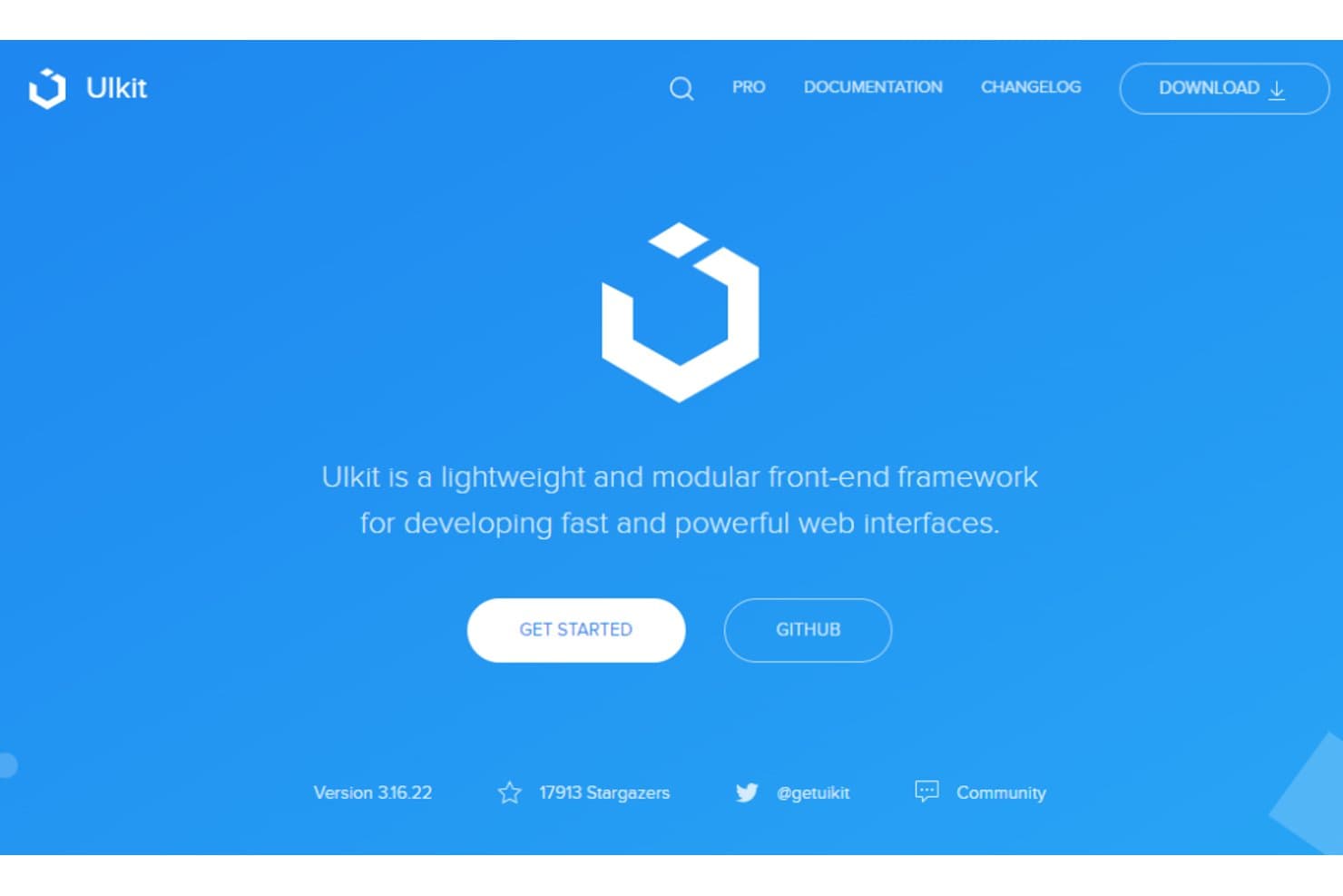 UIkitin etusivu, jossa näkyvät logo, iskulause sekä Aloita- ja GitHub-painikkeet.