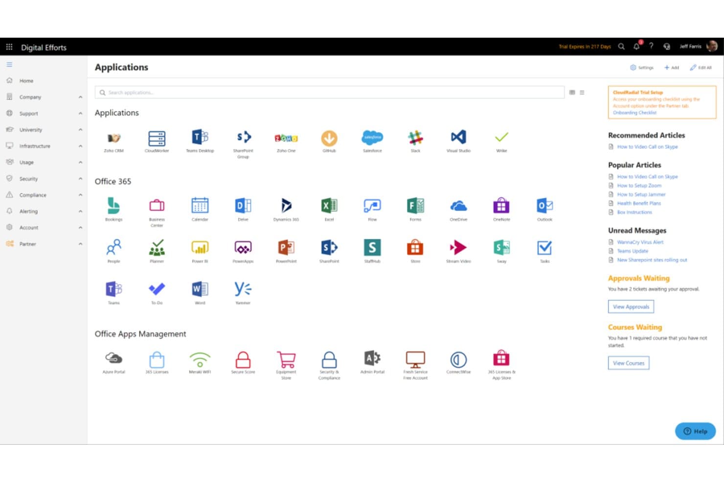 CloudRadialin asiakasportaali, jossa näkyy luokiteltuja sovellusruutuja ja sivupalkin ilmoituksia.