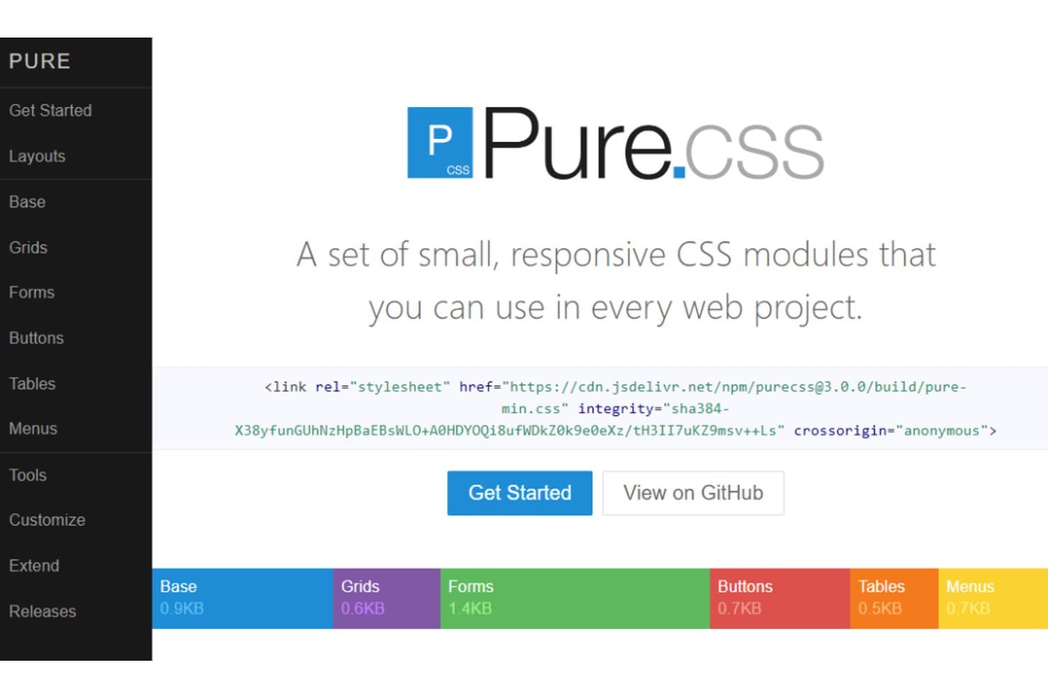 Pure.cssin kotisivu, jossa näkyvät CSS-moduulit, CDN-linkki ja kokoa kuvaava palkki.