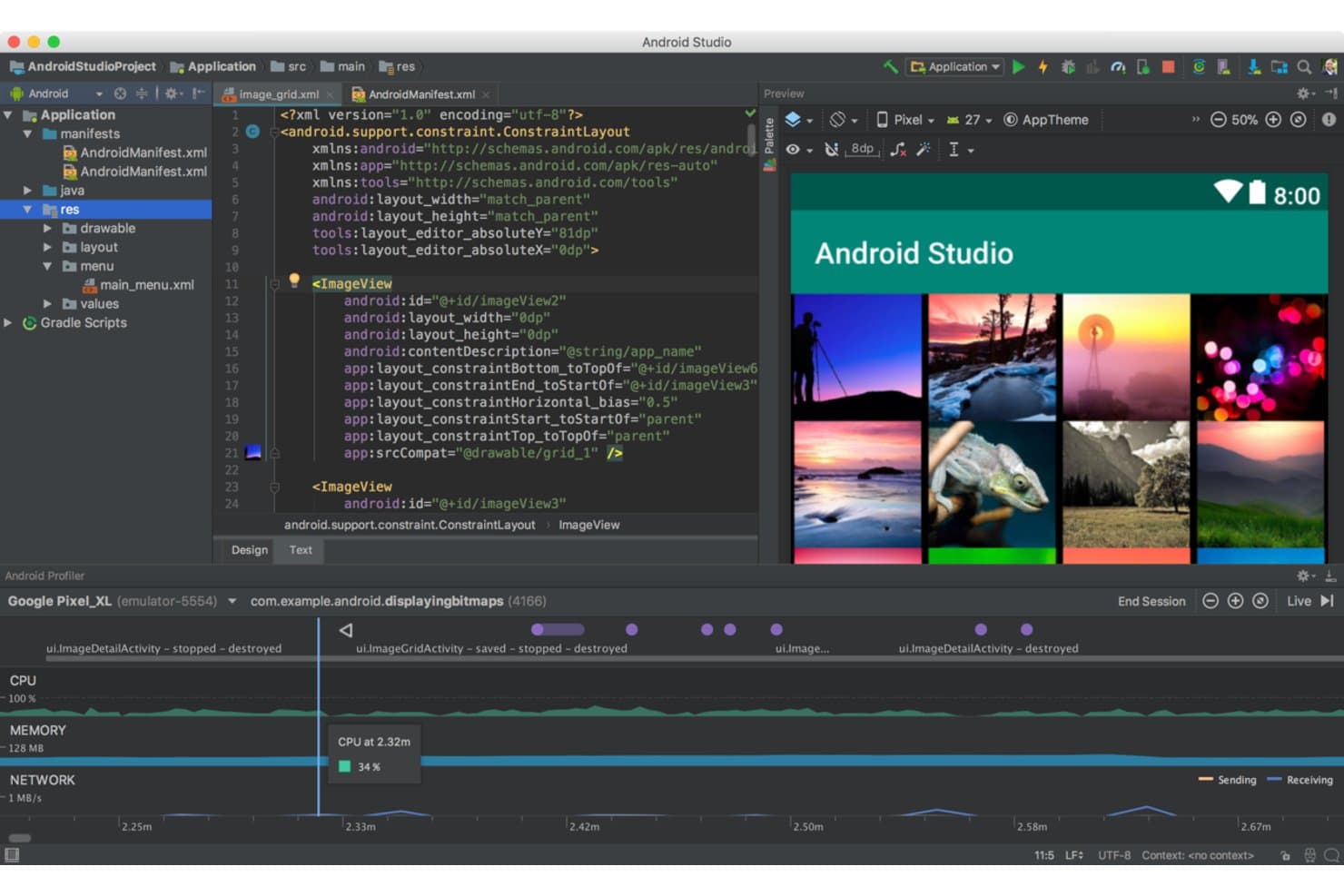 Android Studio näyttää XML-asettelueditorin, kuvaruudukon esikatselun sekä Android Profilerin suorittimen ja muistin mittarit.